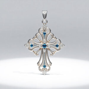 14 karátos arany kereszt talizmán kék és fehér briliáns csiszolású gyémántokkal